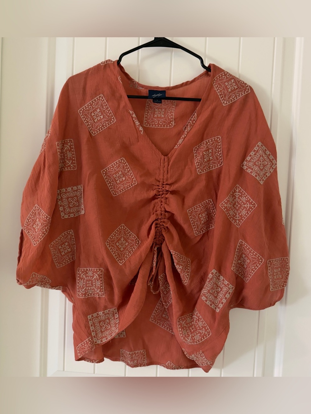 Lucky Brand Terracotta Printed Ruched Front Boho Top